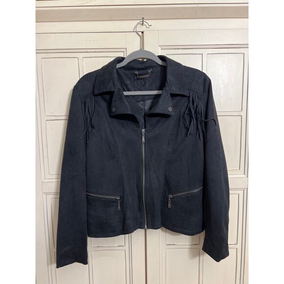 Odyn size large black faux suede jacket with fringe - Picture 1 of 4
